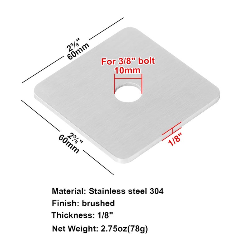 heneng 10 Pcs 304 Stainless Steel Square Plate Washers, 3/8"(ID) x 2-3/8" x 2-3/8", Flat Washer Plate, 1/8" Thick - Image 2
